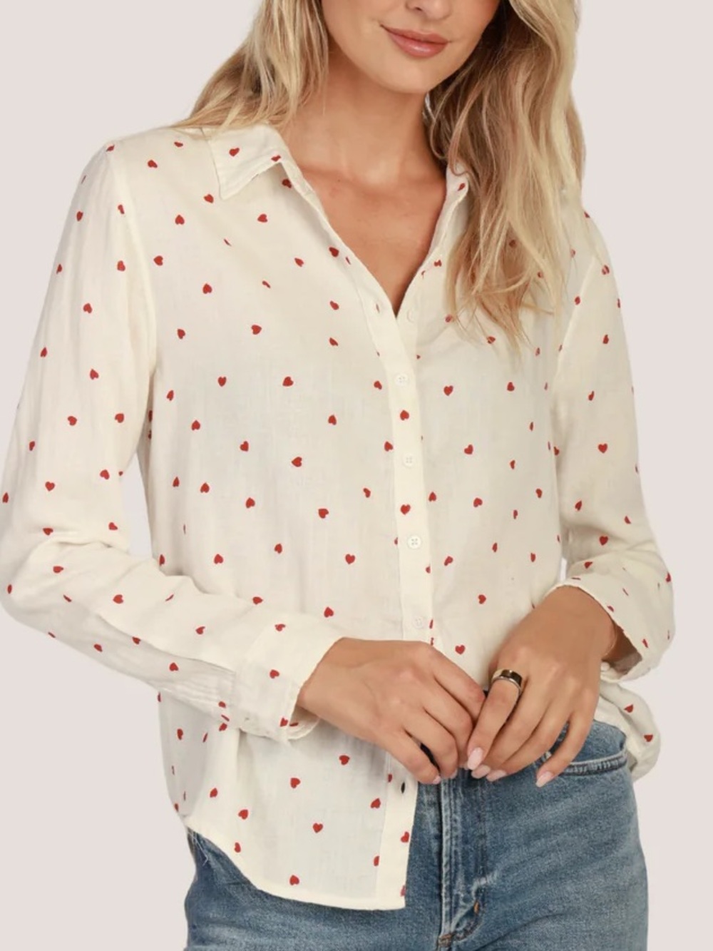 Heart Print Cotton Button Down Shirt